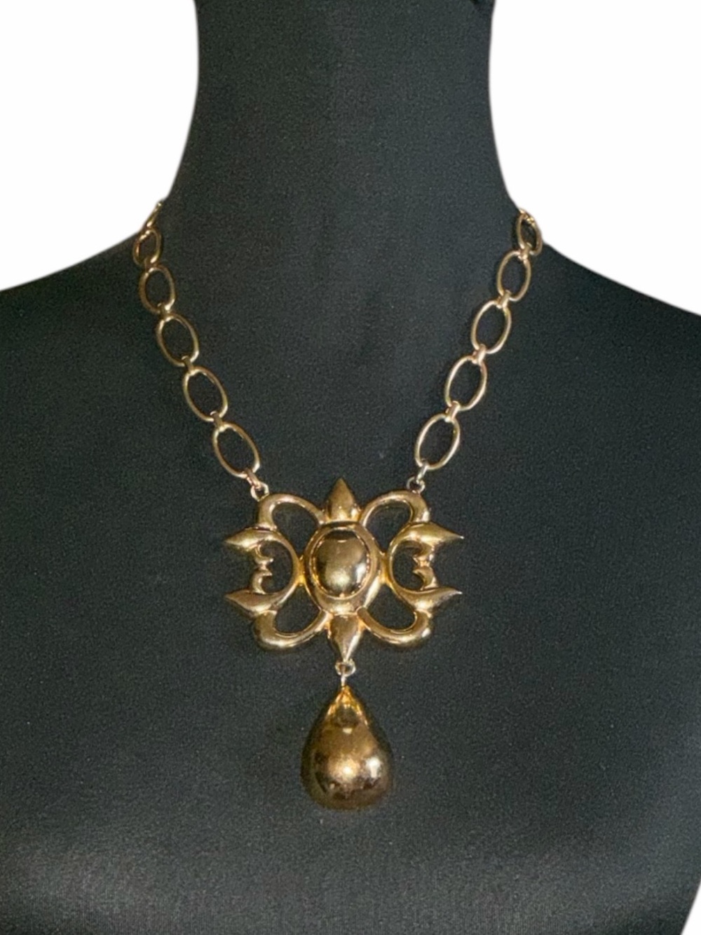 1972 Vintage Gold-Tone Baroque Scroll Statement Necklace with Teardrop Drop
